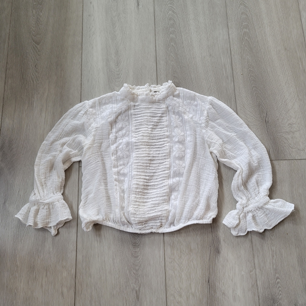 Free People Lace Floral Off-White Textured Long-sleeved Blouse size xs